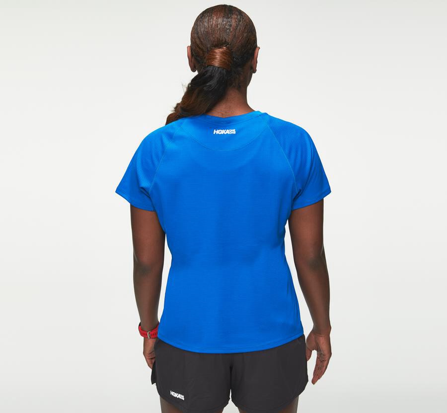 Hoka Australia One One Performance Short Sleeve - Womens Tops Blue - MWXCF-3420